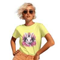 Thumbnail for Whimsical White Rabbit Tee with Floral Design and Clock Detail Yellow