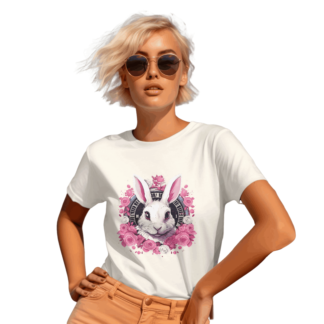 Whimsical White Rabbit Tee with Floral Design and Clock Detail Natural