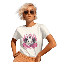 Thumbnail for Whimsical White Rabbit Tee with Floral Design and Clock Detail Natural