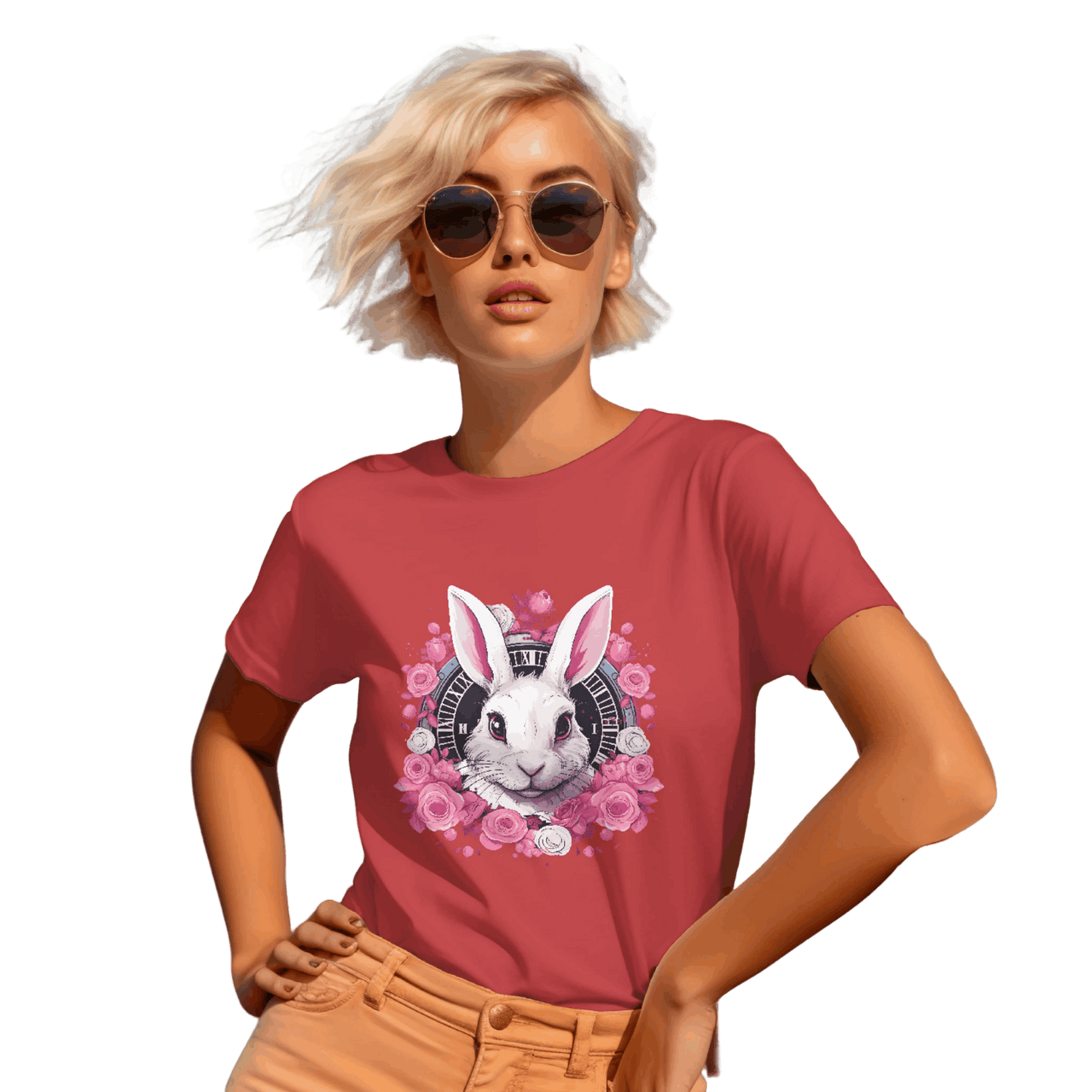 Whimsical White Rabbit Tee with Floral Design and Clock Detail Red