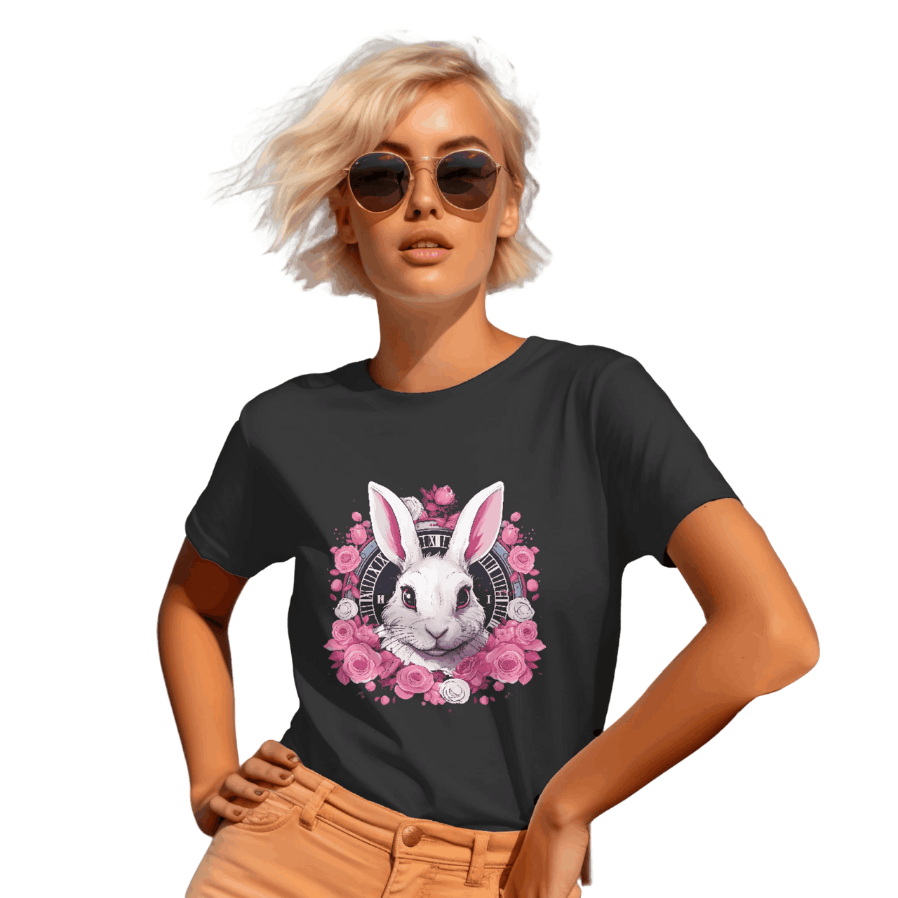 Whimsical White Rabbit Tee with Floral Design and Clock Detail Black