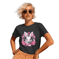 Thumbnail for Whimsical White Rabbit Tee with Floral Design and Clock Detail Black