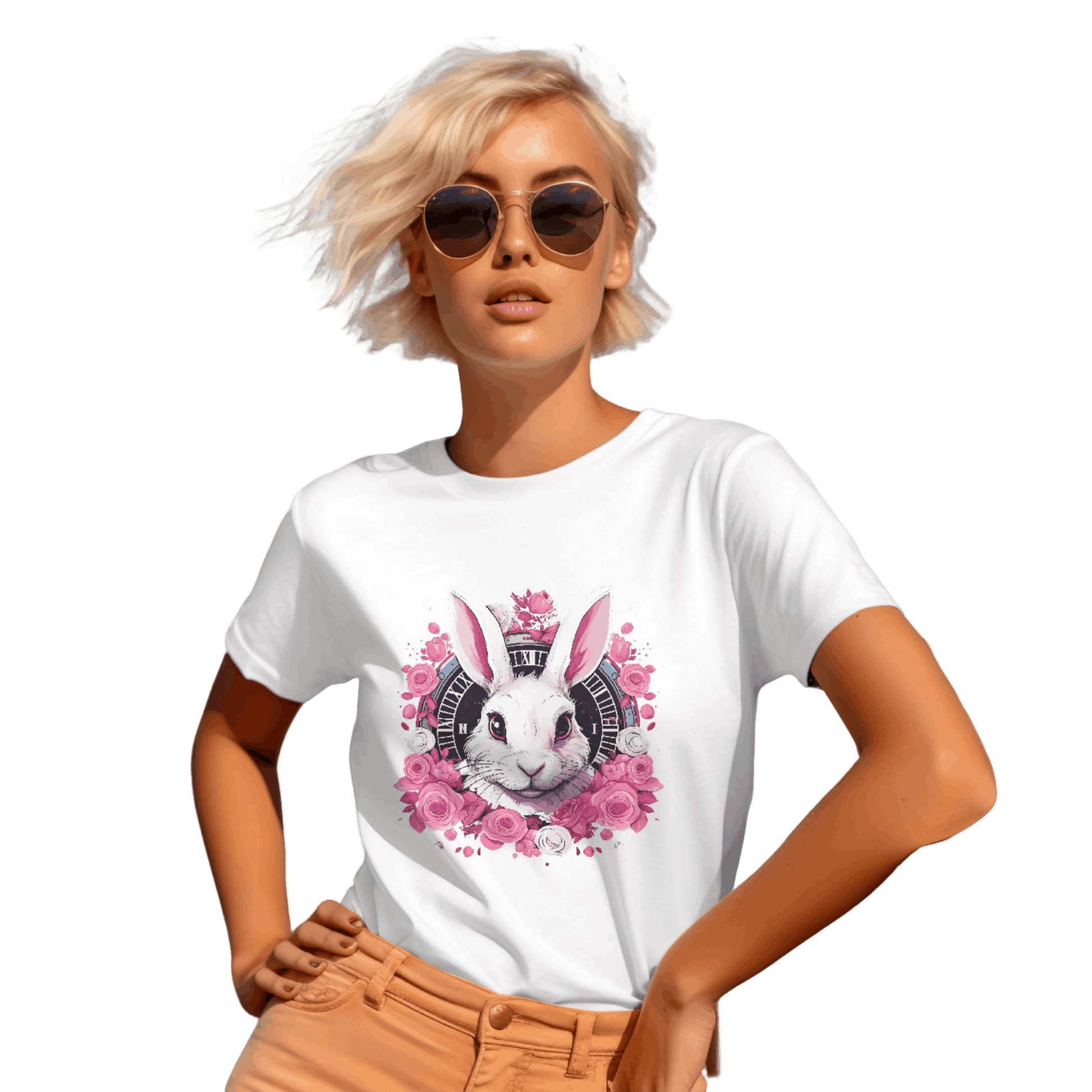 Whimsical White Rabbit Tee with Floral Design and Clock Detail White