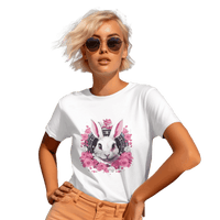 Thumbnail for Whimsical White Rabbit Tee with Floral Design and Clock Detail White