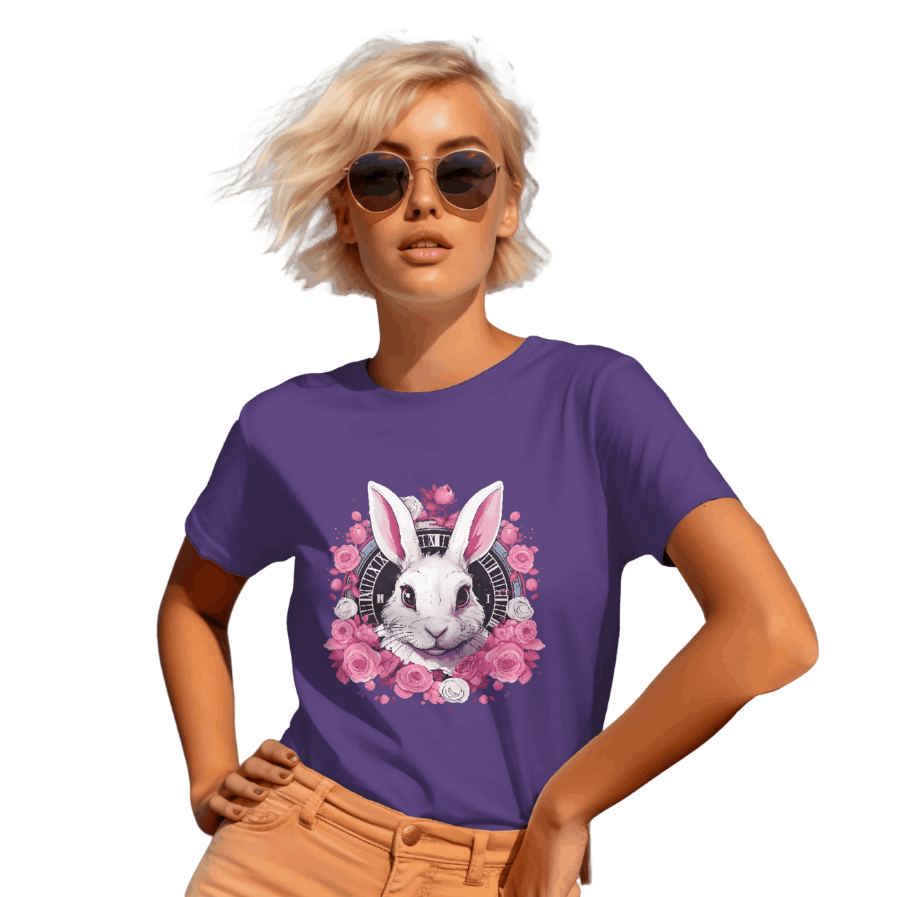 Whimsical White Rabbit Tee with Floral Design and Clock Detail Team Purple