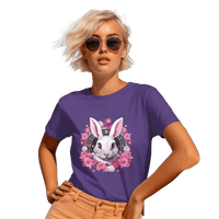 Thumbnail for Whimsical White Rabbit Tee with Floral Design and Clock Detail Team Purple