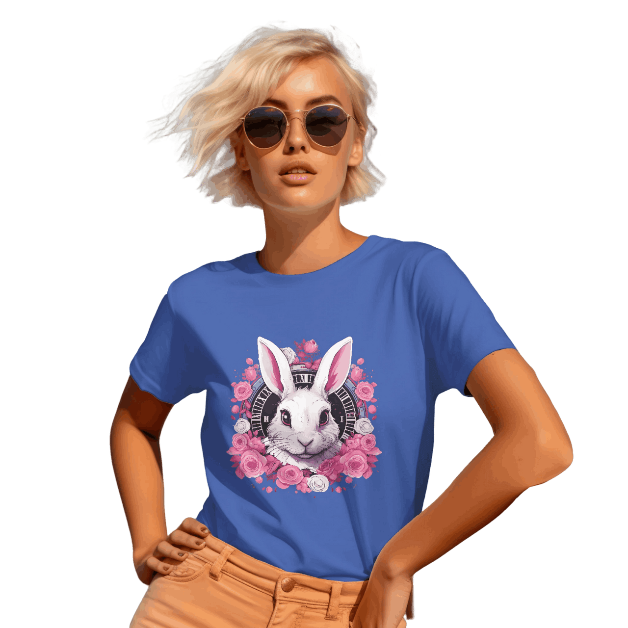 Whimsical White Rabbit Tee with Floral Design and Clock Detail True Royal