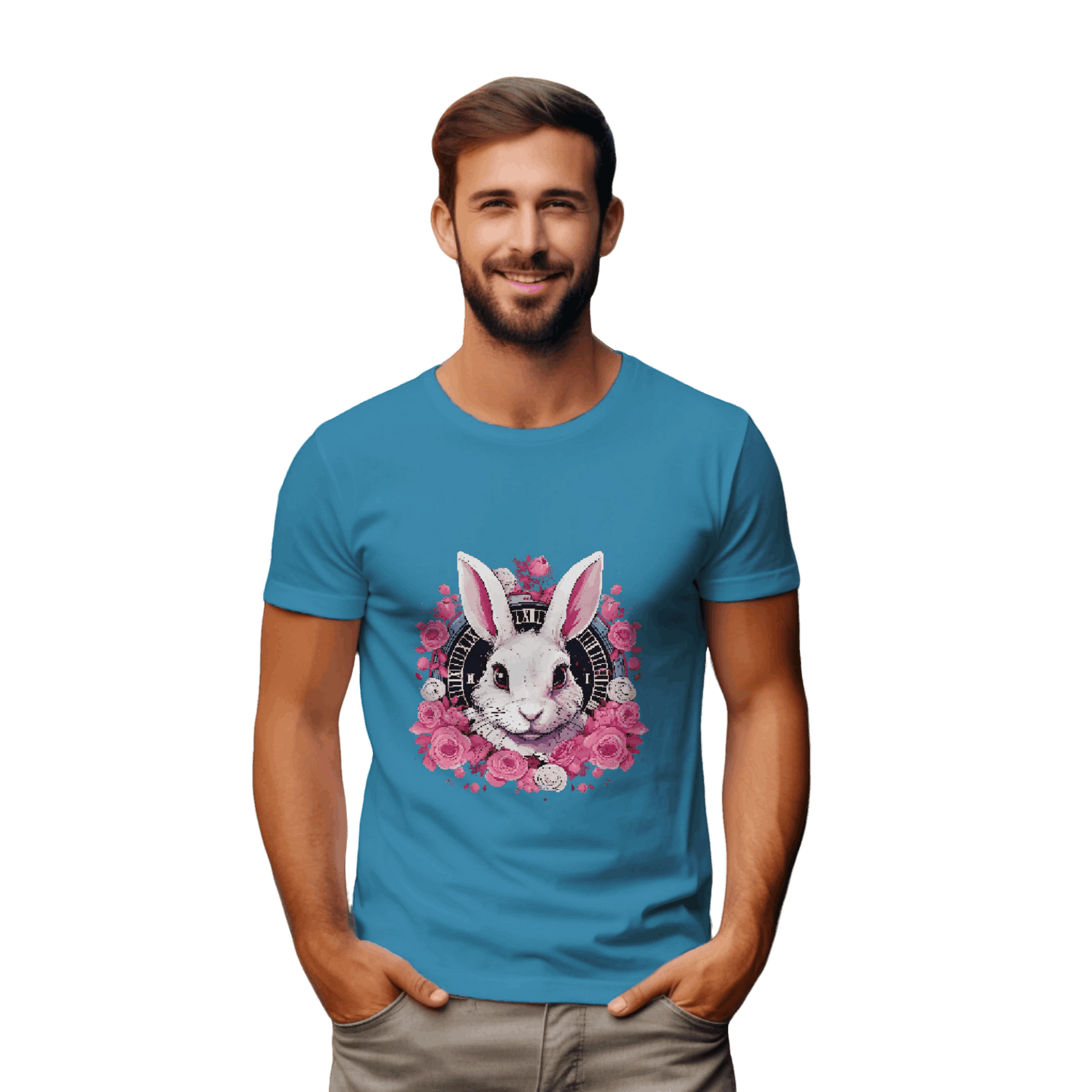 Whimsical White Rabbit Tee with Floral Design and Clock Detail