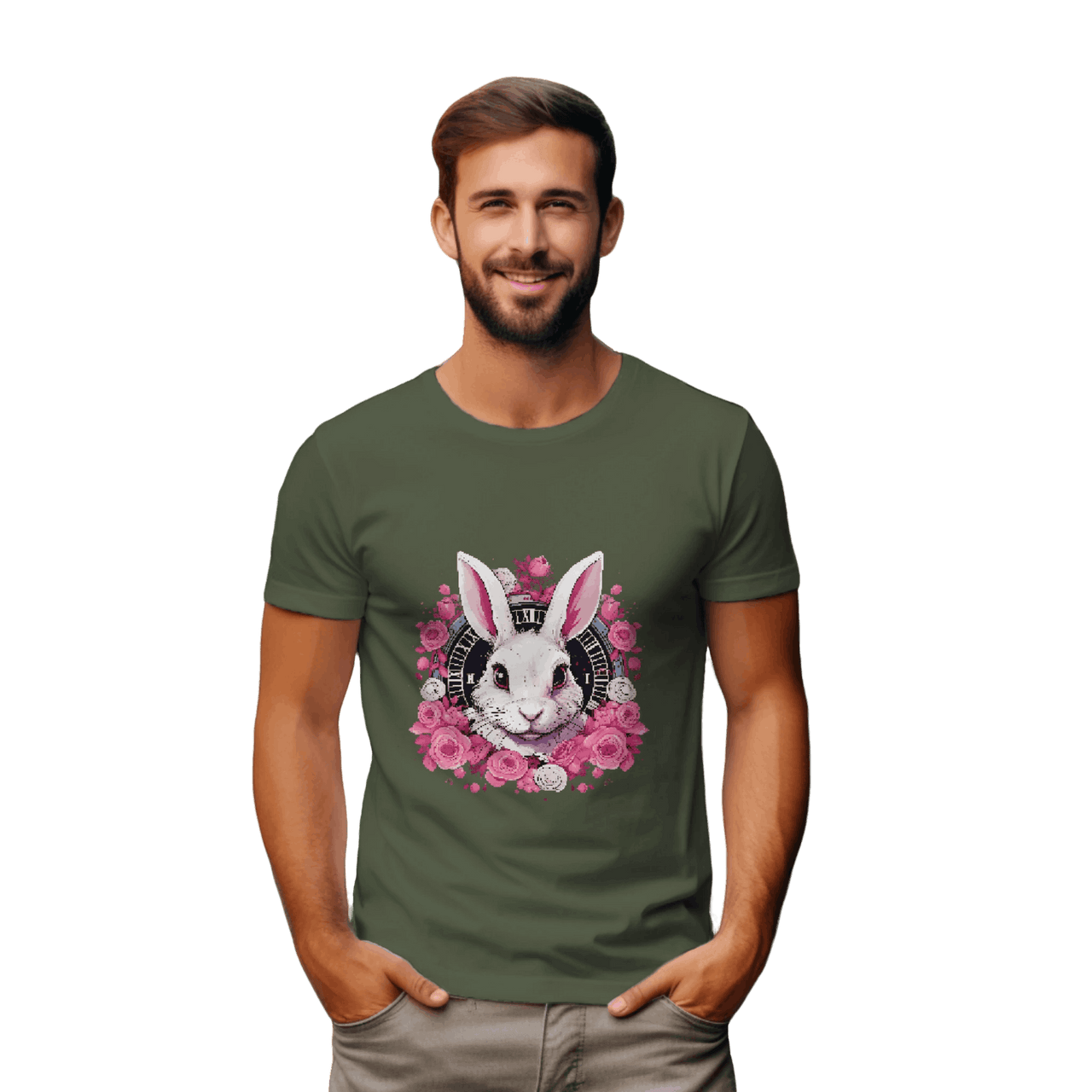 Whimsical White Rabbit Tee with Floral Design and Clock Detail