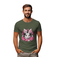 Thumbnail for Whimsical White Rabbit Tee with Floral Design and Clock Detail