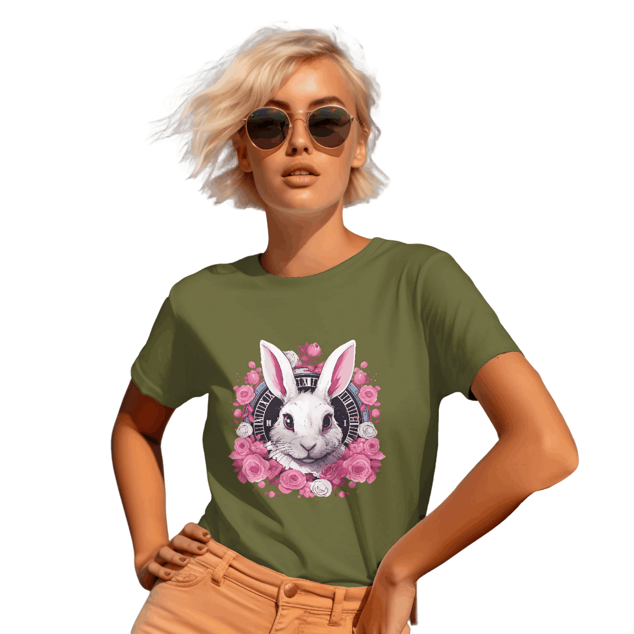 Whimsical White Rabbit Tee with Floral Design and Clock Detail Olive