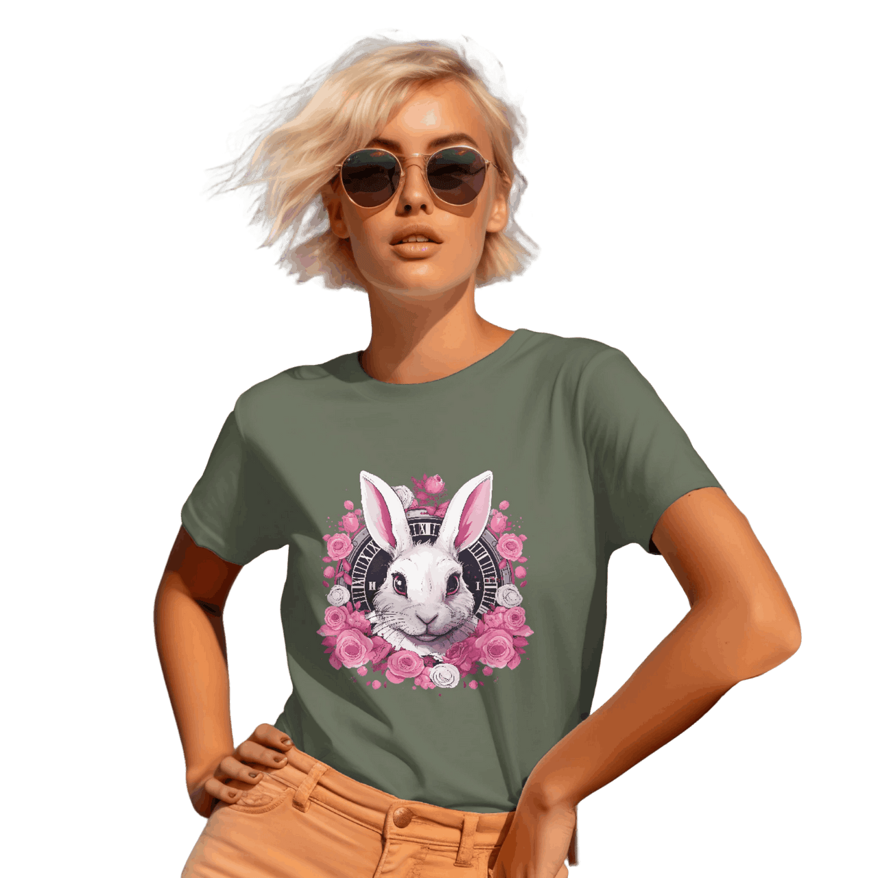 Whimsical White Rabbit Tee with Floral Design and Clock Detail Military Green