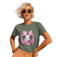 Thumbnail for Whimsical White Rabbit Tee with Floral Design and Clock Detail Military Green