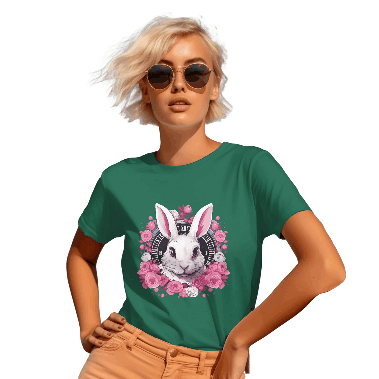 Whimsical White Rabbit Tee with Floral Design and Clock Detail Kelly