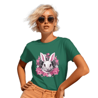 Thumbnail for Whimsical White Rabbit Tee with Floral Design and Clock Detail Kelly