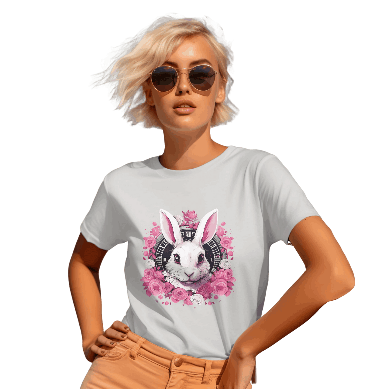 Whimsical White Rabbit Tee with Floral Design and Clock Detail Silver