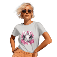 Thumbnail for Whimsical White Rabbit Tee with Floral Design and Clock Detail Silver