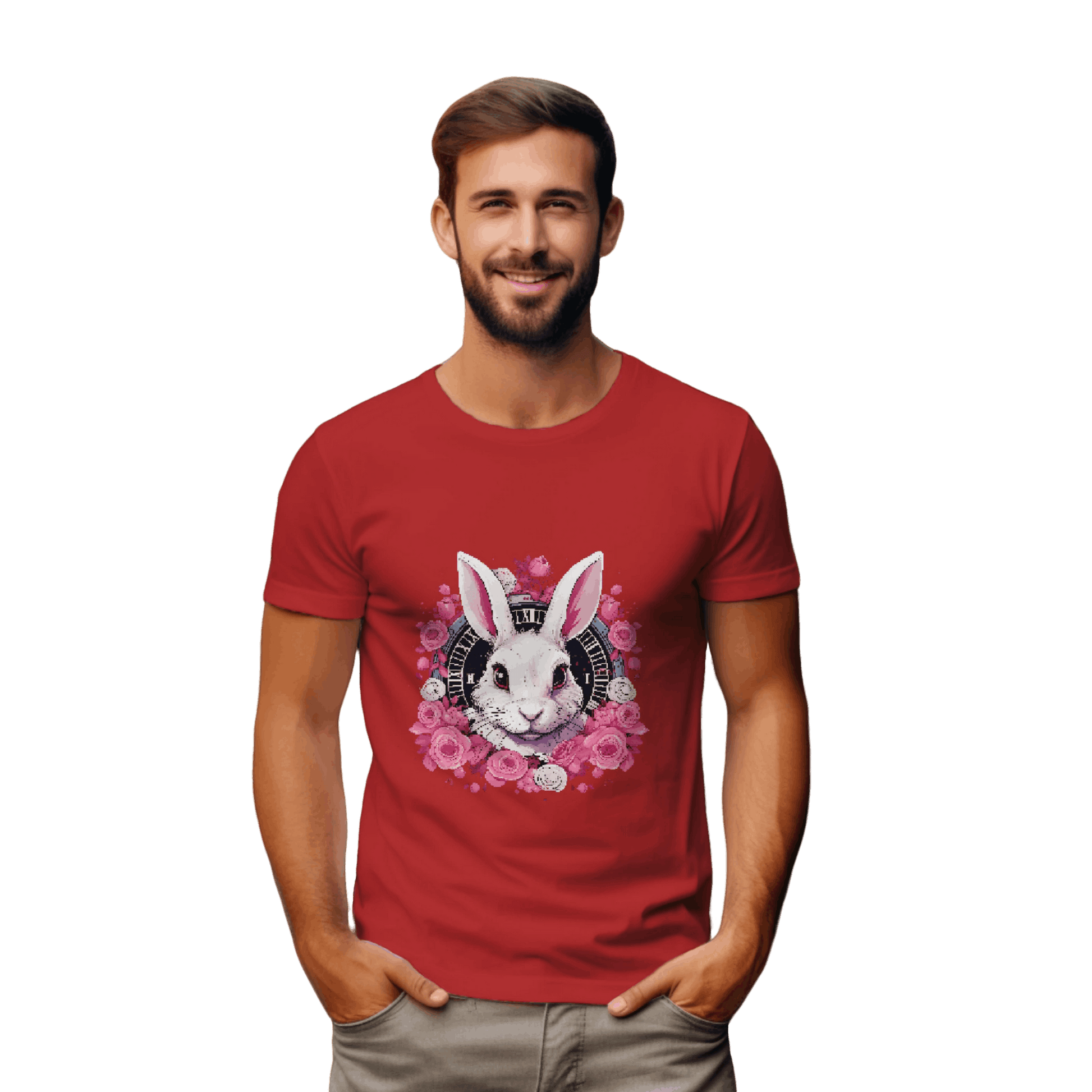 Whimsical White Rabbit Tee with Floral Design and Clock Detail