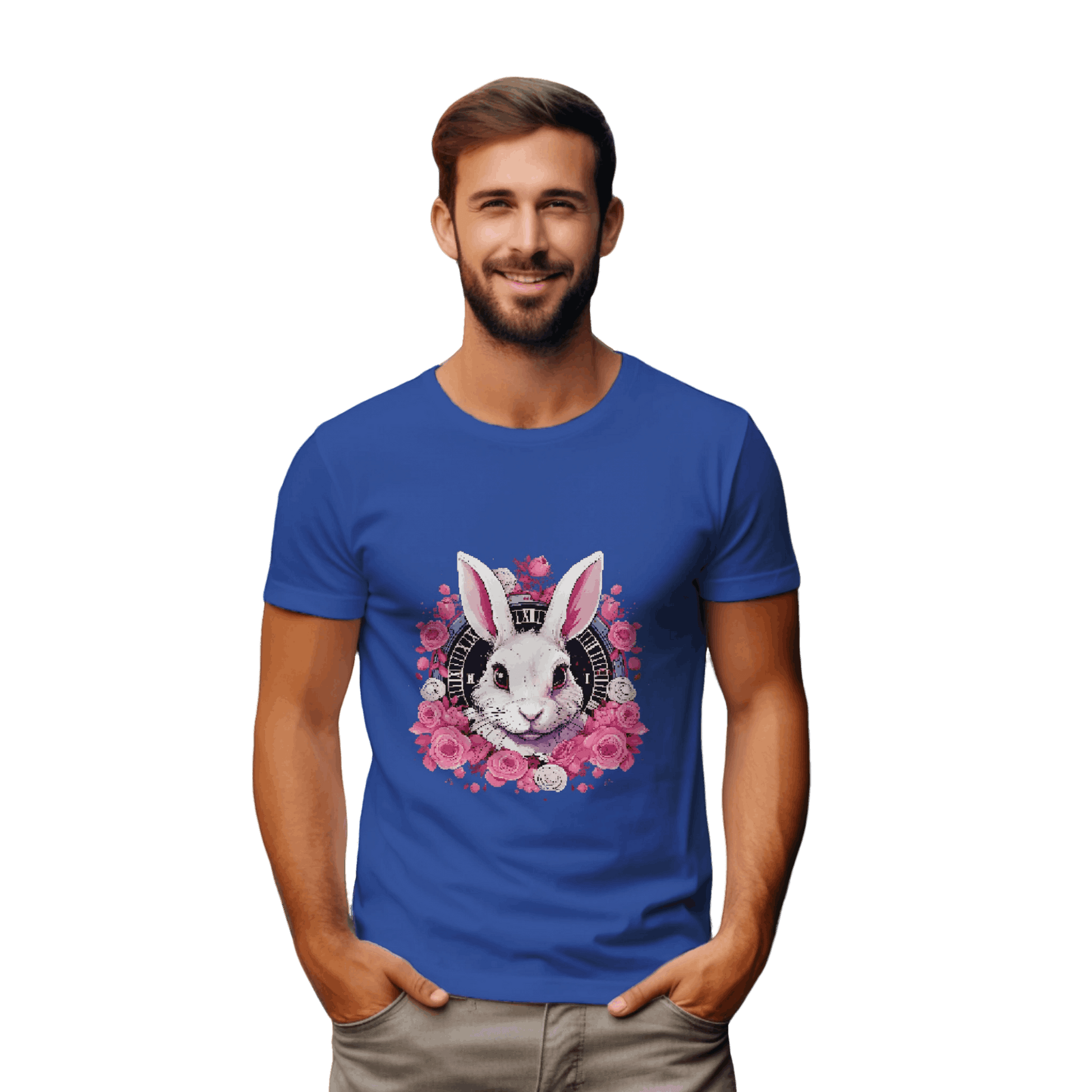 Whimsical White Rabbit Tee with Floral Design and Clock Detail