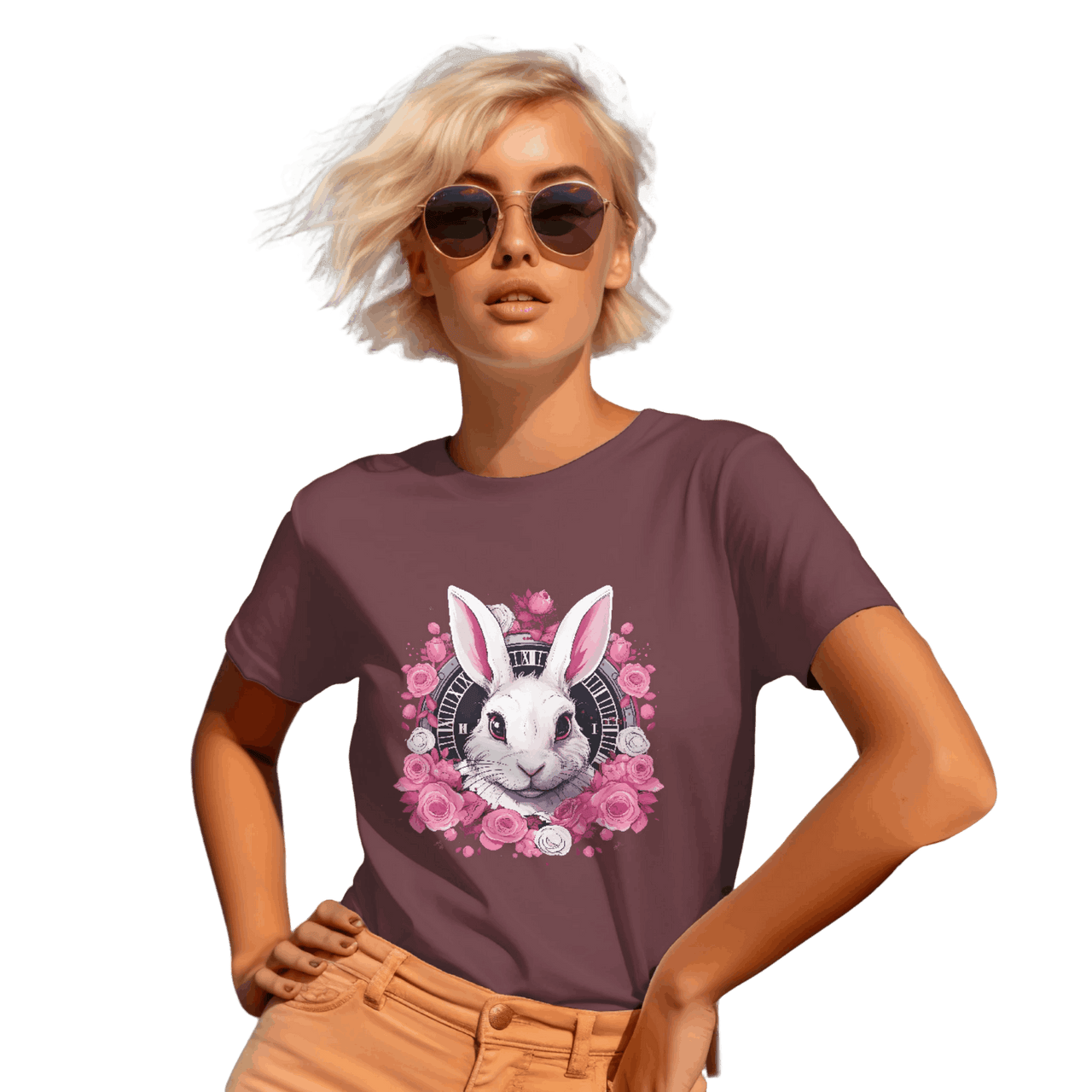 Whimsical White Rabbit Tee with Floral Design and Clock Detail Maroon