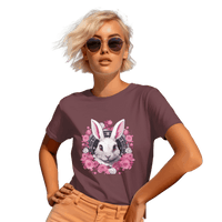 Thumbnail for Whimsical White Rabbit Tee with Floral Design and Clock Detail Maroon