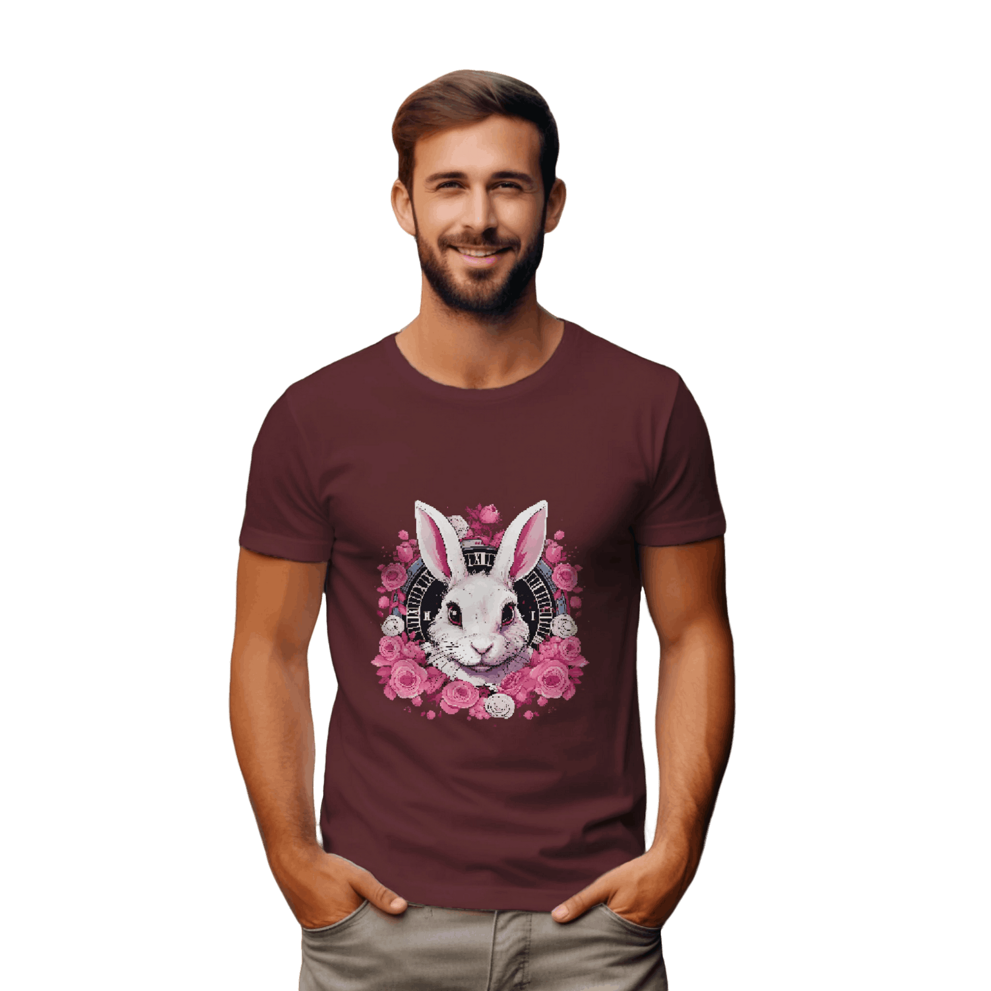 Whimsical White Rabbit Tee with Floral Design and Clock Detail