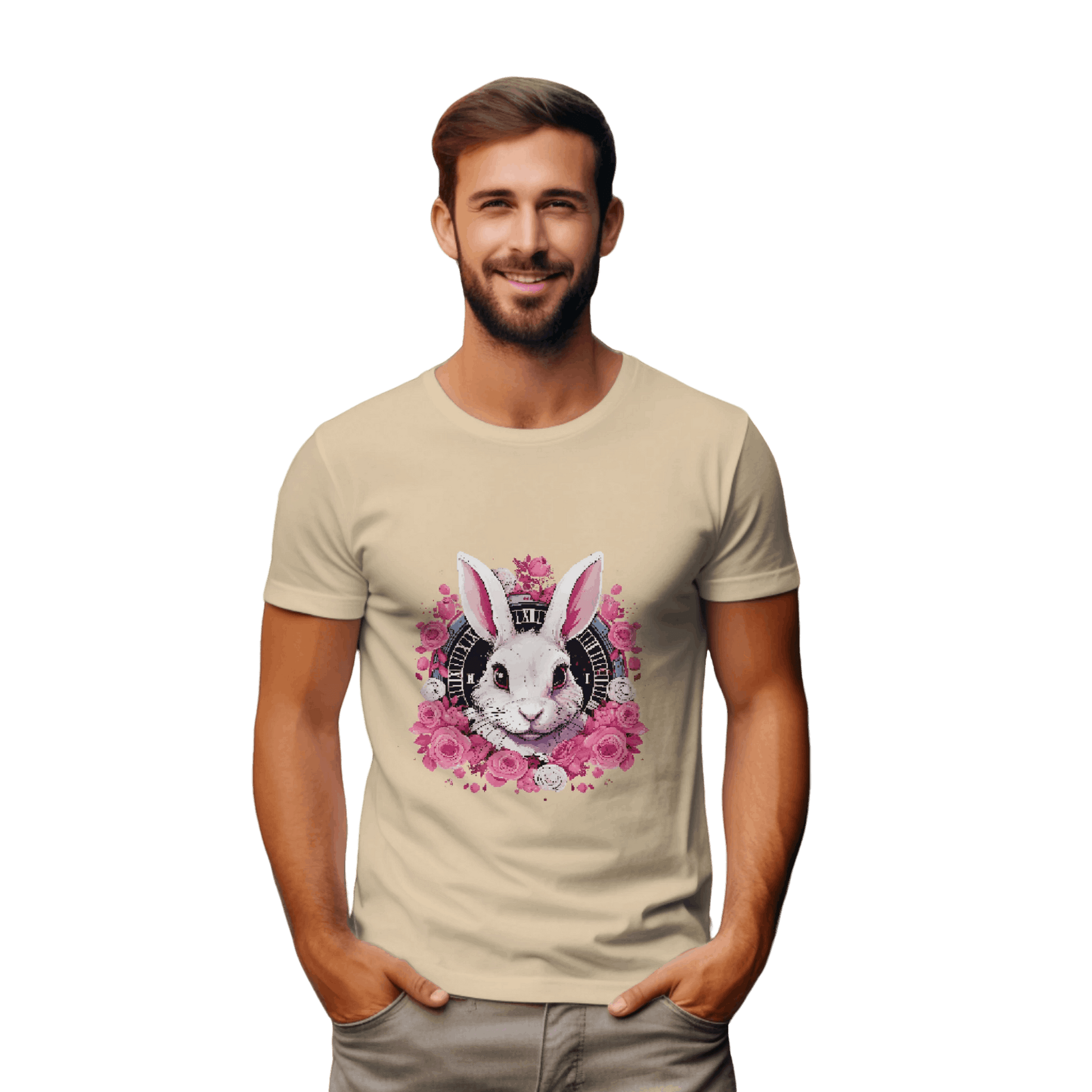 Whimsical White Rabbit Tee with Floral Design and Clock Detail