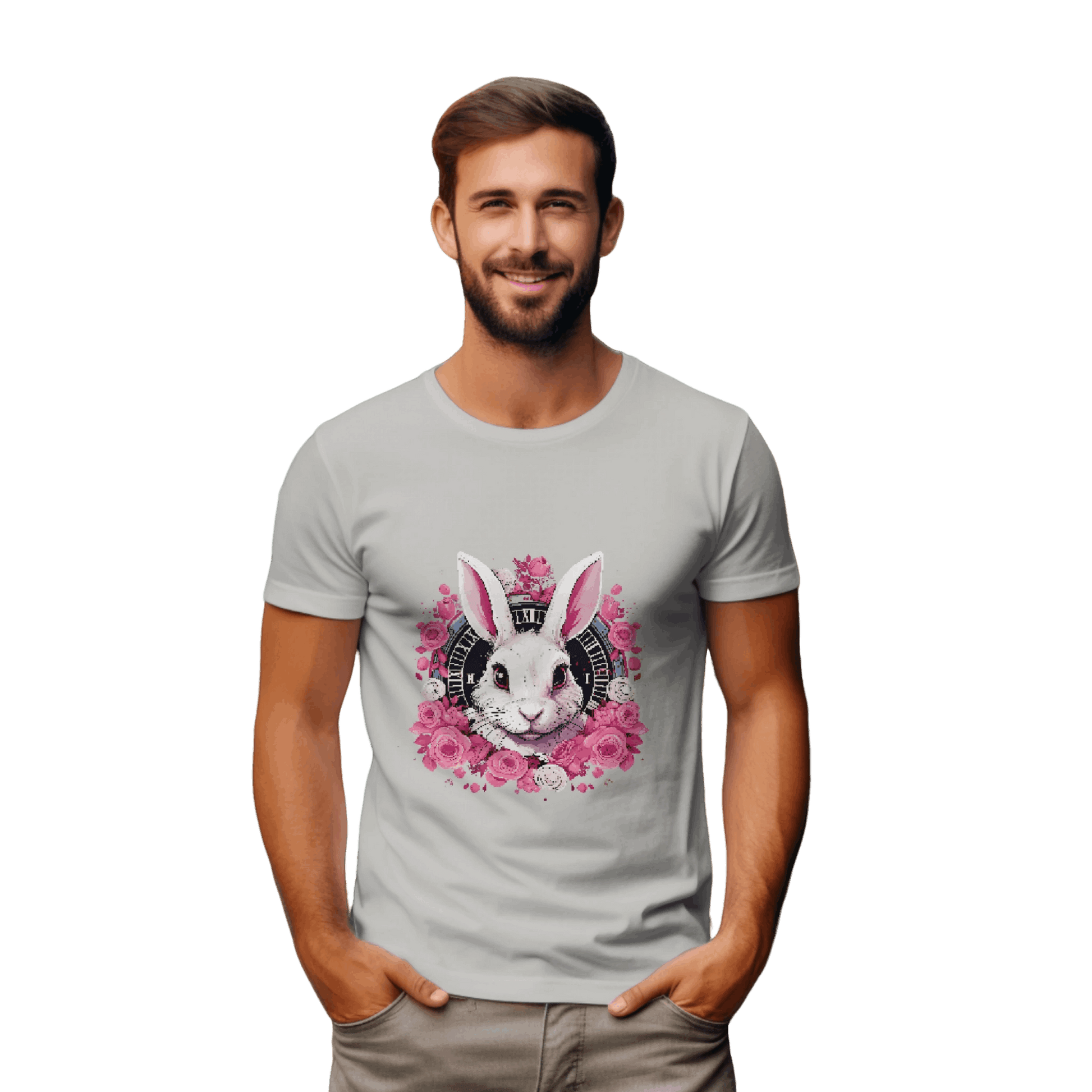 Whimsical White Rabbit Tee with Floral Design and Clock Detail