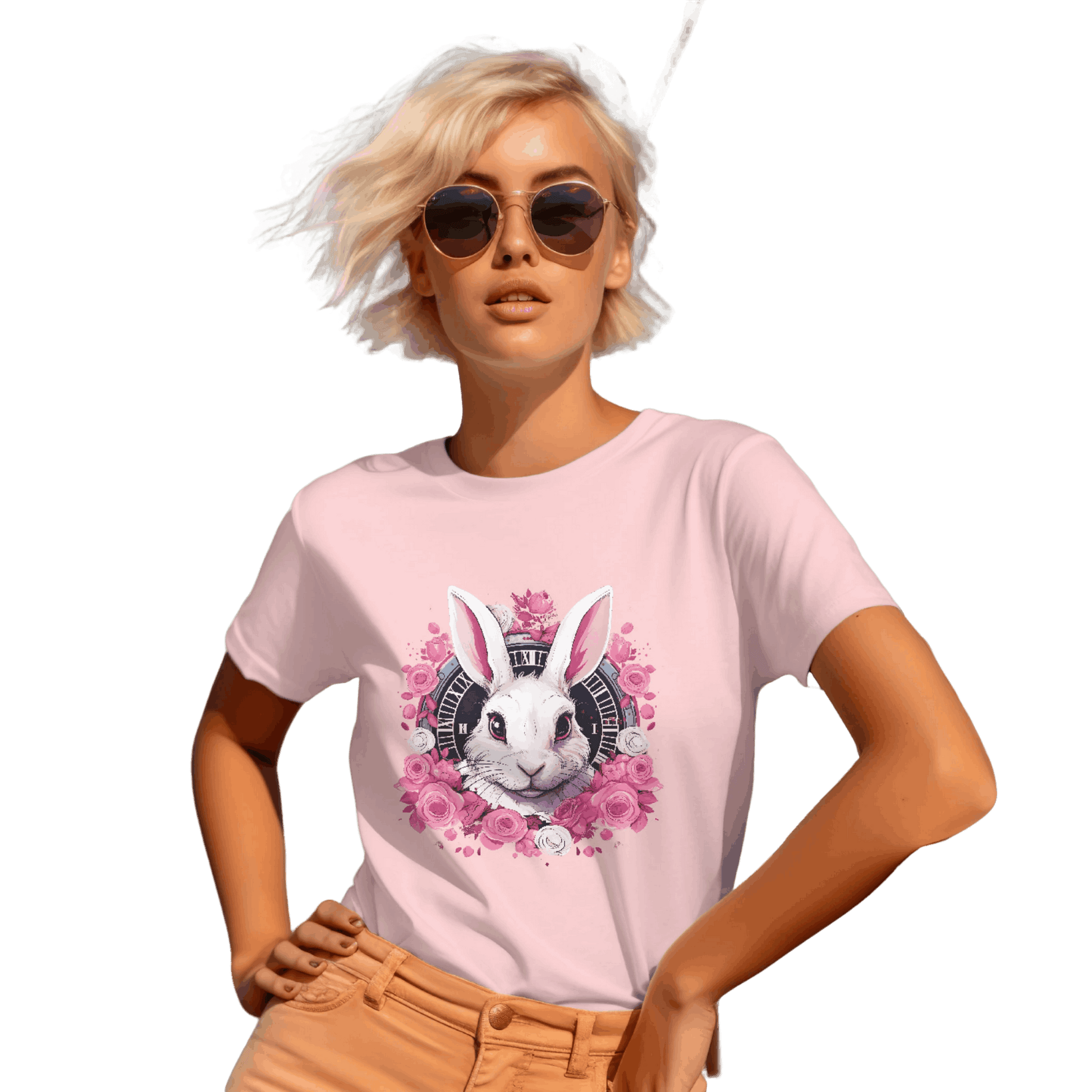 Whimsical White Rabbit Tee with Floral Design and Clock Detail Pink