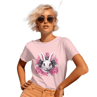 Thumbnail for Whimsical White Rabbit Tee with Floral Design and Clock Detail Pink