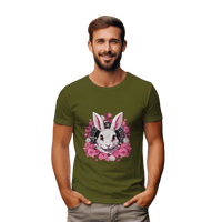 Thumbnail for Whimsical White Rabbit Tee with Floral Design and Clock Detail